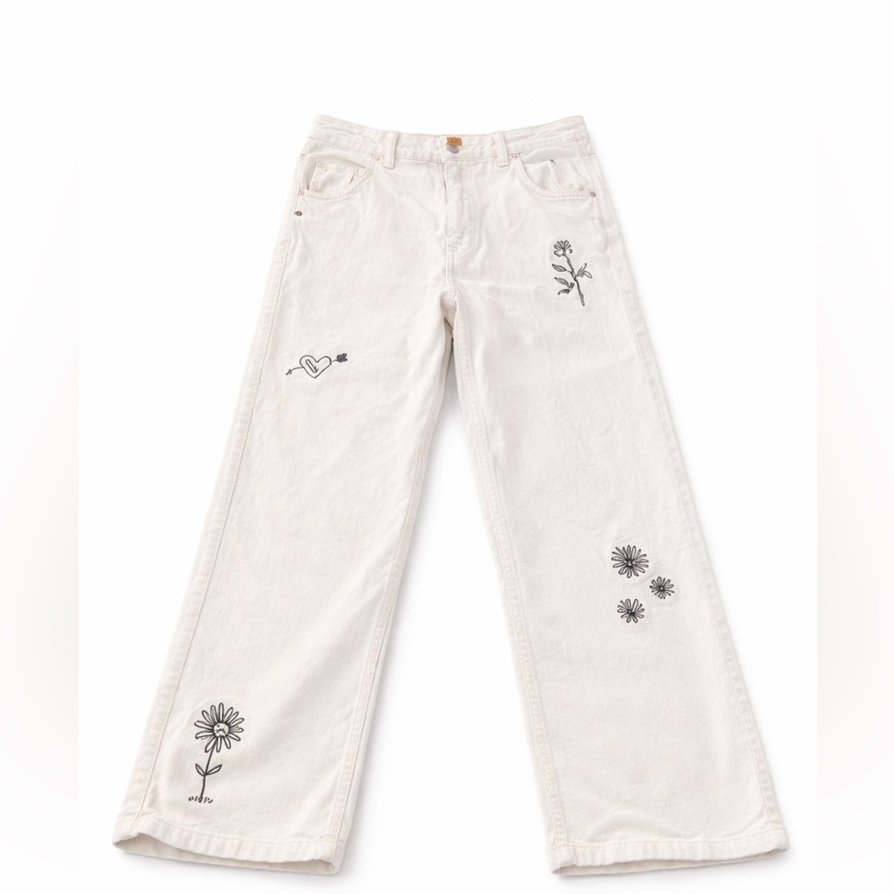 Melodie Cream Corduroy Floral Embroidered Wide Leg Pants Size 2